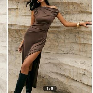 Asymmetric one shoulder brown dress